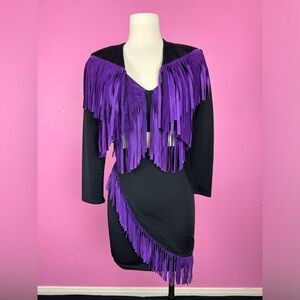 1980s Suede Fringe Skirt Set 3 pc Vtg 80s Black Purple Bralette Cropped Jacket